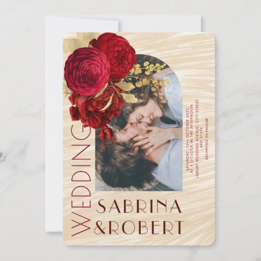 Modern Beige Burgundy Floral Arch Photo Wedding Kaart (Voorkant)