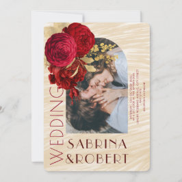 Modern Beige Burgundy Floral Arch Photo Wedding Kaart