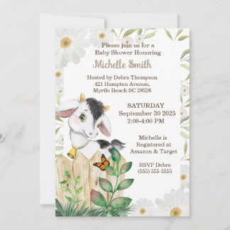 Modern Beige Cute Floral Boerderij Koe Baby shower Kaart