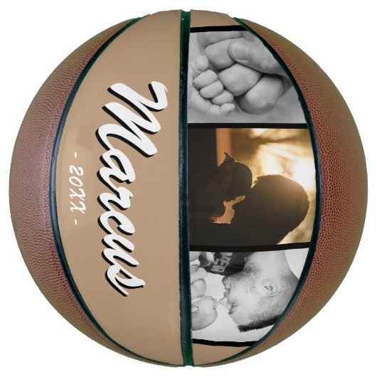 Modern Beige Dad Name Keepomwille 3 Photo Collage Basketbal (Verticaal)