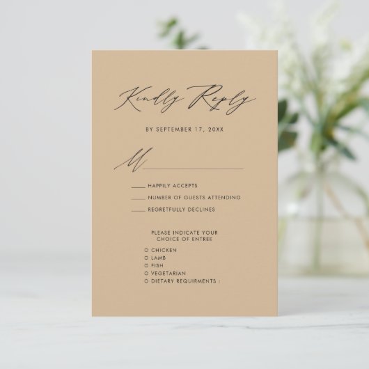 Modern Beige Elegant Script Eenvoudige bruiloft RS RSVP Kaartje (Staand voorkant)