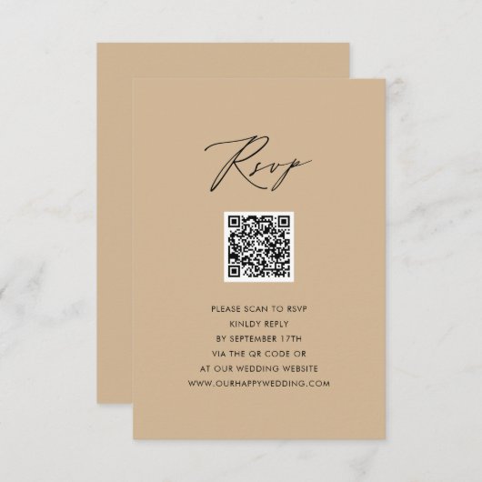 Modern Beige Elegant Script Eenvoudige QR bruiloft Informatiekaartje (Voorkant / Achterkant)