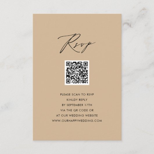 Modern Beige Elegant Script Eenvoudige QR bruiloft Informatiekaartje (Voorkant)