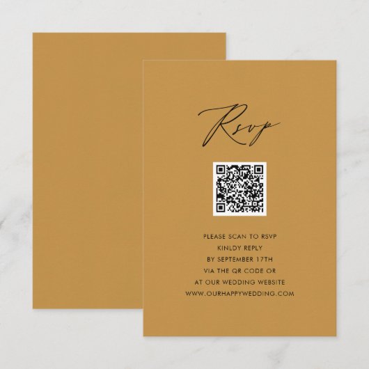 Modern Beige Elegant Script QR Bruiloft RSVP Informatiekaartje (Voorkant / Achterkant)
