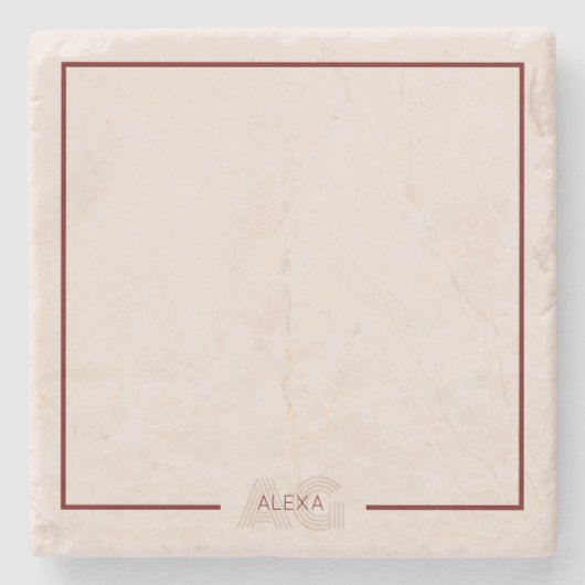 Modern Beige en Wijn Monogram Stenen Onderzetter (Voorkant)