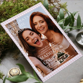 Modern Beige Gingham Fotoafstudeerfeest Kaart