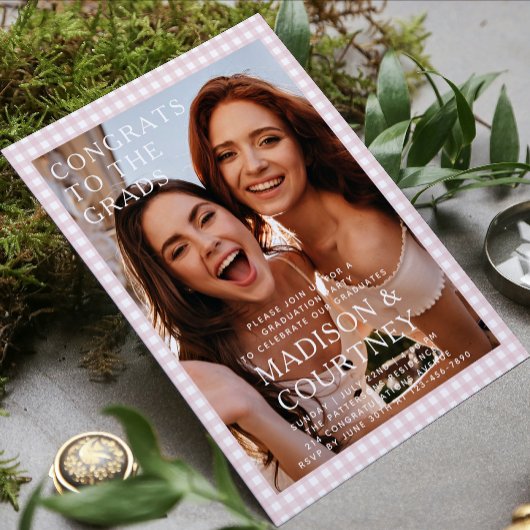 Modern Beige Gingham Fotoafstudeerfeest Kaart
