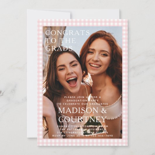 Modern Beige Gingham Fotoafstudeerfeest Kaart (Voorkant)