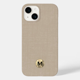 Modern Beige Linen Brushed Gold Monogram Case-Mate iPhone 14 Hoesje