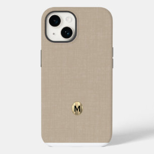 Modern Beige Linnen Geborsteld Goud Monogram iPhone 14 Hoesje