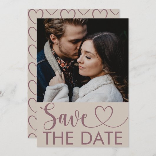 Modern Beige & Maroon Foto & Heart Opslaan datum Save The Date (Voorkant / Achterkant)