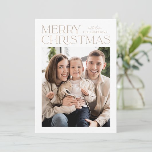 Modern Beige Merry-kerstfoto Feestdagenkaart (Staand voorkant)
