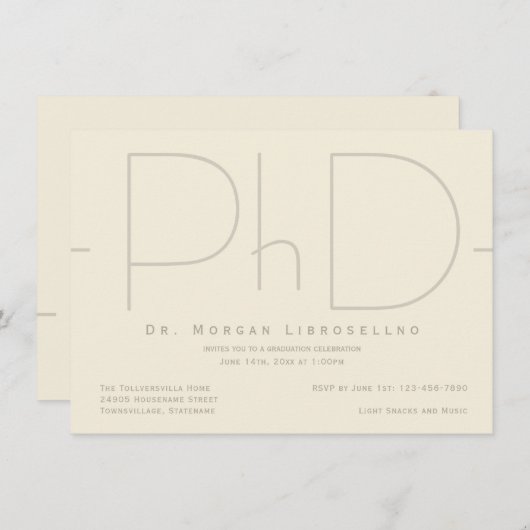 Modern Beige PhD Afstuderen Uitnodiging (Voorkant / Achterkant)
