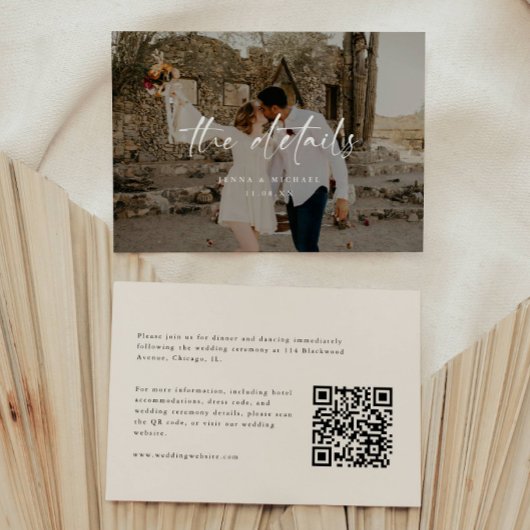 Modern Beige Photo Script Wedding Details Informatiekaartje