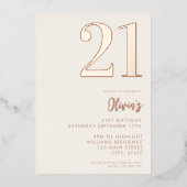 Modern Beige Roos Goud Elegant 21e Verjaardag Folie Uitnodiging (Voorkant)