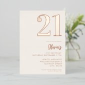 Modern Beige Roos Goud Elegant 21e Verjaardag Folie Uitnodiging (Staand Voorkant)