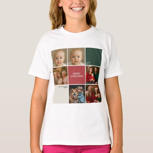 Modern beige Sage RED collage Christmas family T-shirt (Voorkant)