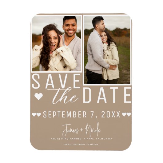Modern Beige Save the Date 2 Foto Bruiloft Magneet (Verticaal)
