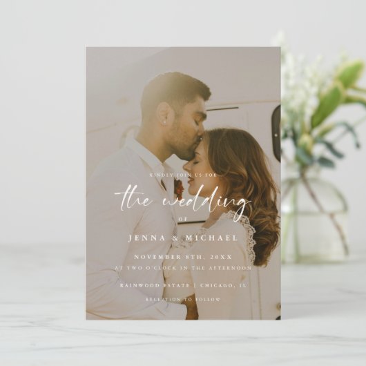 Modern Beige Script 2-foto bruiloft Kaart (Staand voorkant)