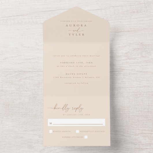 Modern Beige Script Bruiloft All In One Uitnodiging (Binnen)