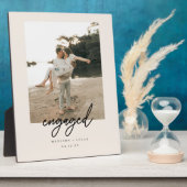 Modern Beige Script "Engaged" Photo Fotoplaat (Zijkant)