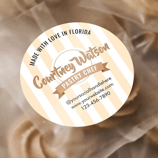 Modern Beige Stripe Cake Bakery Pastry Chef Ronde Sticker