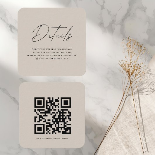 Modern Beige Wedding Details Kaart met QR-code