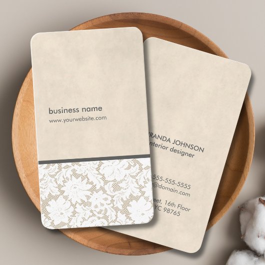 Modern Beige White Lace Pattern Interior Designer Visitekaartje