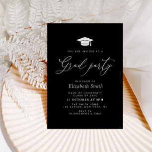 Modern belettering Black afstudeerder Party Invita Kaart