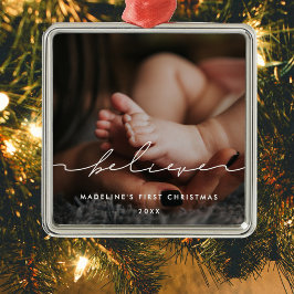 Modern Believe Baby's eerste kerstfoto Metalen Ornament