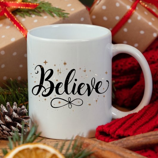 Modern "Believe" Script Kerst Koffie Mok