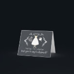 Modern... ben jij mijn Bridesmaid.<br><div class="desc">Stijlvol zal je zijn mijn bruidskaart met een fancy wit lijst met een trouwjurk,  trouwschoenen,  bloembouquet en veil op een moderne zwarte achtergrond.</div>