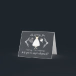Modern... ben jij mijn Bridesmaid.<br><div class="desc">Stijlvol zal je zijn mijn bruidskaart met een fancy wit lijst met een trouwjurk,  trouwschoenen,  bloembouquet en veil op een moderne zwarte achtergrond.</div>