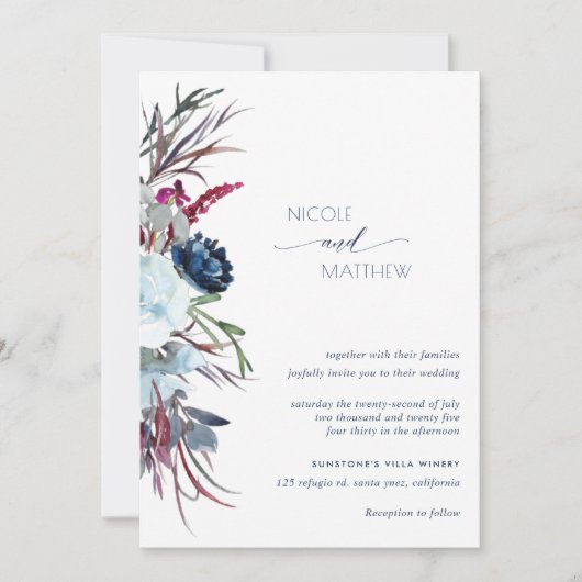 Modern Berry Burgundy en Blue Floral Wedding Kaart (Voorkant)