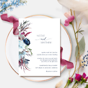 Modern Berry Burgundy en Blue Floral Wedding Kaart