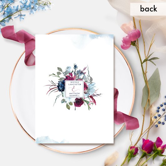 Modern Berry Burgundy en Blue Floral Wedding Kaart
