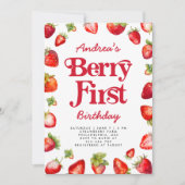 Modern Berry First Strawberry Birthday for Girls Kaart (Voorkant)