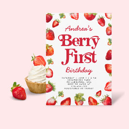 Modern Berry First Strawberry Birthday for Girls Kaart