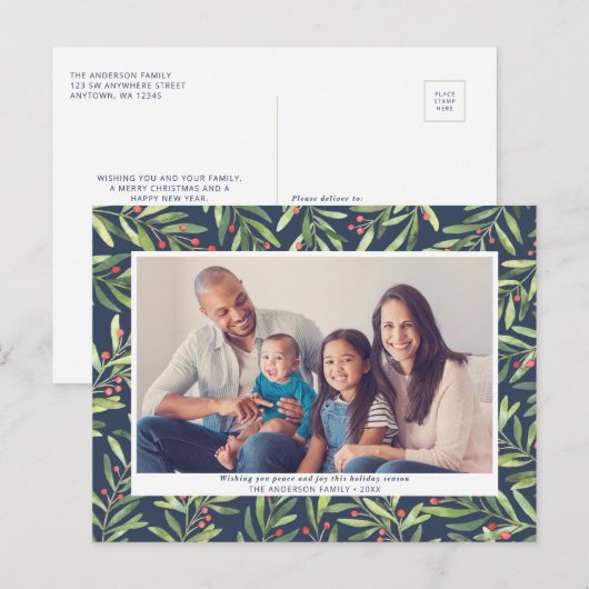 Modern Berry Greenery Blue Kerstfoto Feestdagenkaart (Voorkant / Achterkant)
