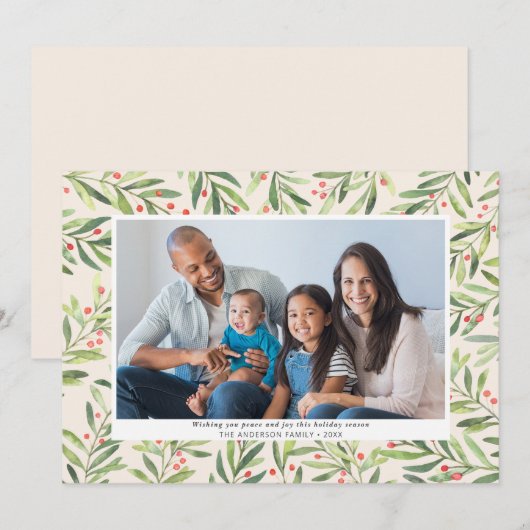 Modern Berry Greenery Cream-kerstfoto Feestdagenkaart (Voorkant / Achterkant)