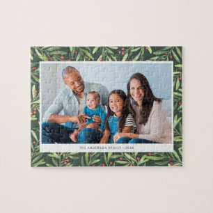 Modern Berry Greenery Green Kerstfamilie Foto Legpuzzel