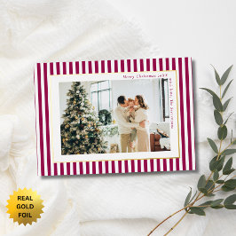 Modern Berry Red Stripes Photo Christmas Gold Folie Feestdagenkaart