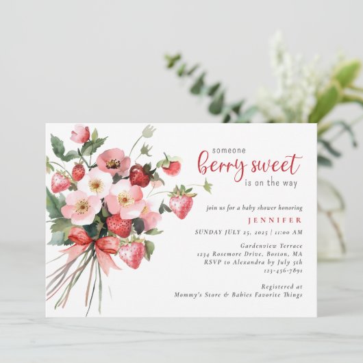 Modern Berry Sweet Strawberry Baby shower Kaart (Staand voorkant)