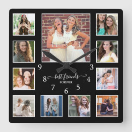 Modern Best Friends Forever 11 Photo Collage Black Vierkante Klok