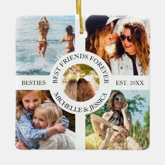 Modern Best Friends Forever Foto Collage | Bestie Keramisch Ornament (Voorkant)