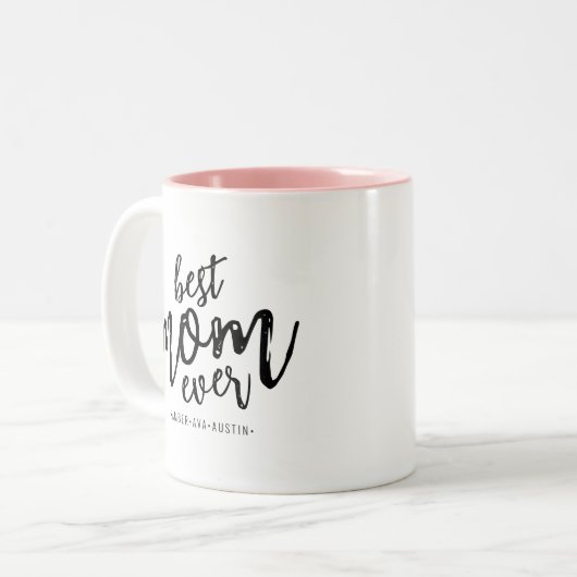 Modern Best Mam Ever Kinder Name Script Tweekleurige Koffiemok (Voorkant links)