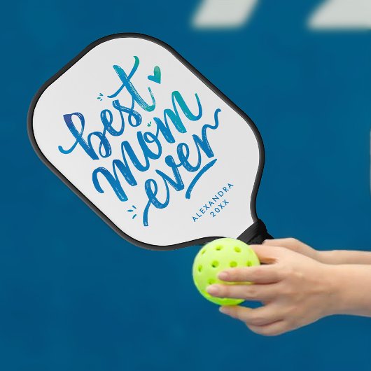 Modern Best Mom Ever Blue And White Brush Script Pickleball Paddle