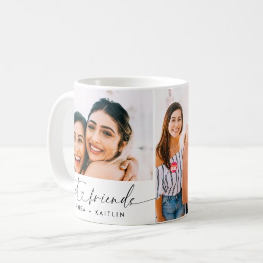 Modern Beste Vrienden BFF Hart Script Drie Foto Koffiemok (Voorkant links)