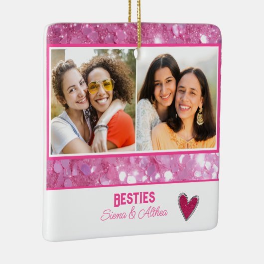 Modern Besties Beste Vriend Pink Glitter 2 foto Keramisch Ornament (Rechts)