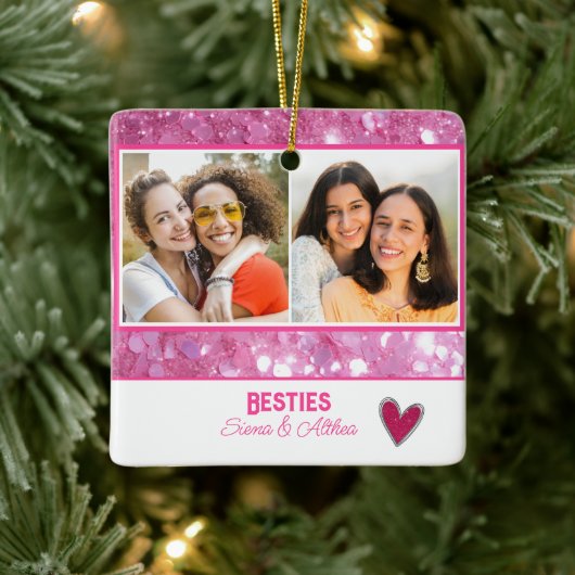 Modern Besties Beste Vriend Pink Glitter 2 foto Keramisch Ornament (Boom)